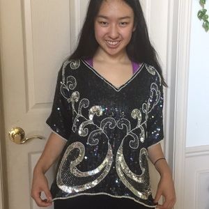 Vintage Beaded Sequin Silk Top